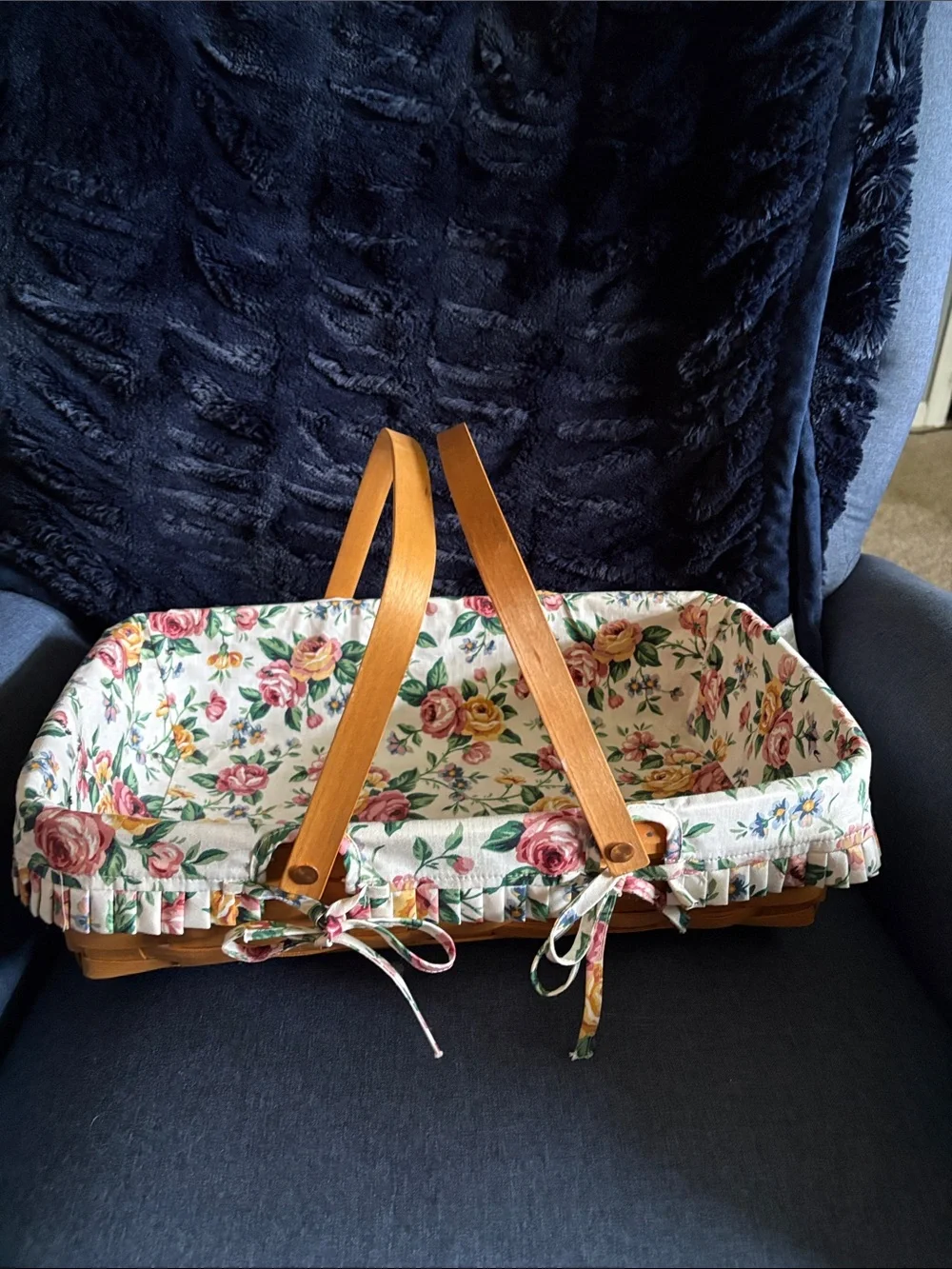 Longaberger Floral Lined Rectangular Basket with Wood Handles